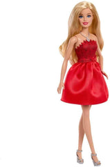 Mattel Rubinrote Blonde Barbie-Party-Modepuppe zum 80. Jubiläum roten Kleid mit silver Schuhen und Halskette, Sammelspielzeug, JGD25