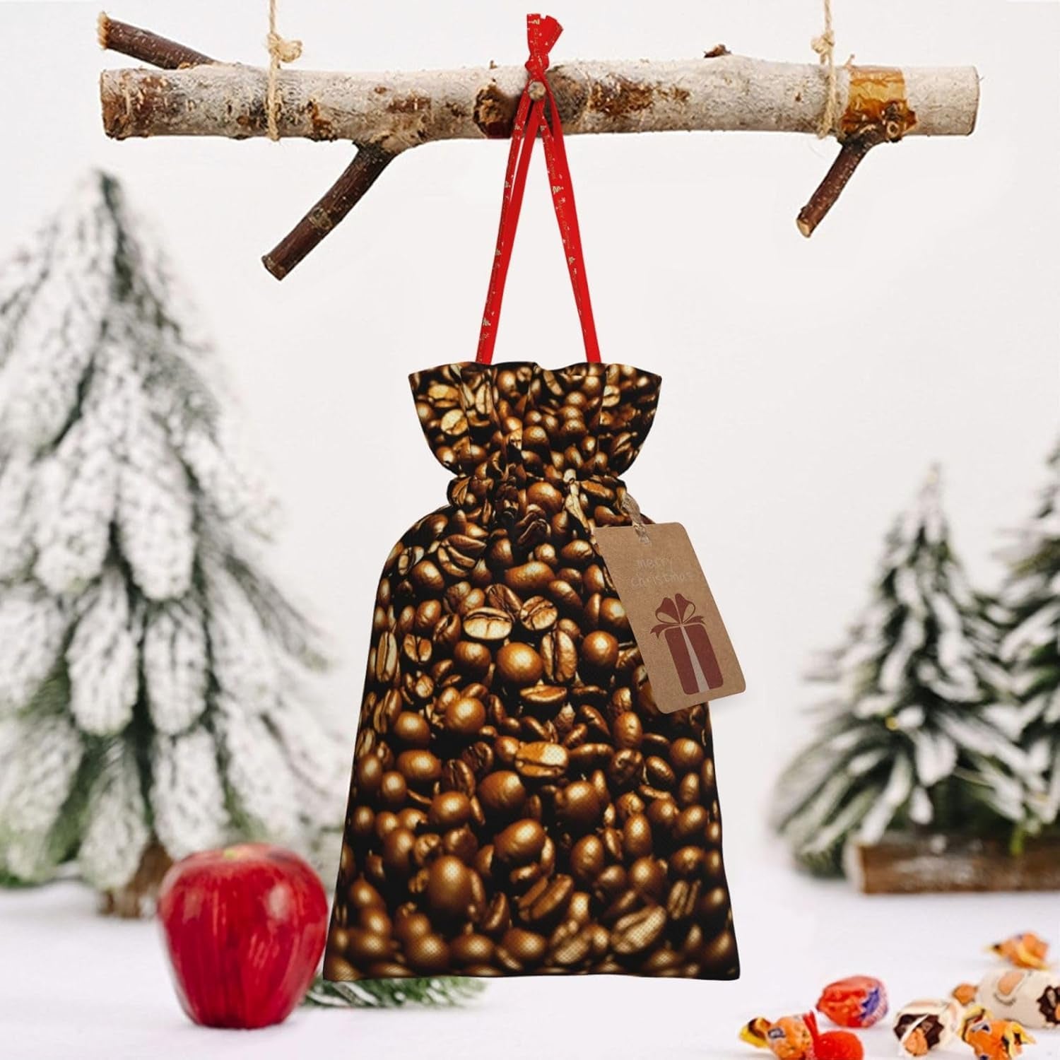 Lustige geröstete Kaffeebohnen, Weihnachtsbeutel mit Kordelzug, robuste, 21,1 x 30 cm, geeignet für Partygeschenke und Geschenkverpackung, 1 Stück