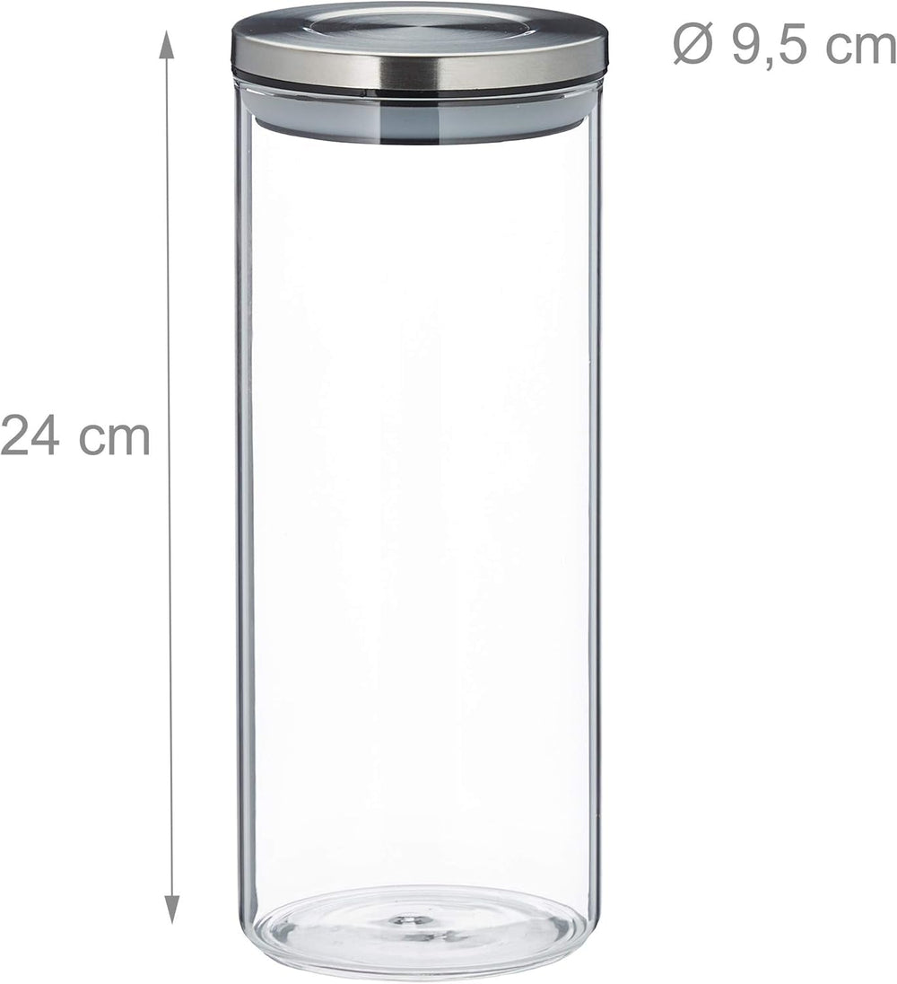 Relaxdays Lot de 3 Boites de Conservation, Fermées, Couvercle Inox, Pour Pâtes, Muesli et Riz, Récipient de Cuisine 1,5 L, Argent Transparent, 24 x 9,5 x 9,5 cm, Boites de Conservation Transparentes Argent Naty Shop