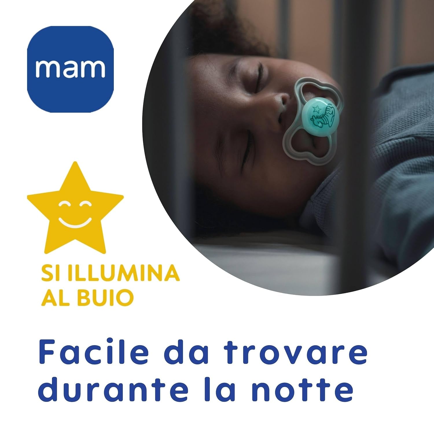 Sucette MAM Air Night 6-16 mois (paquet de 2) Sucette MAM 6-16 mois, brille dans le noir pour les peaux sensibles, accessoire pour bébé, paquet de 2 avec tétine en silicone et porte-tétine, neutre/vert