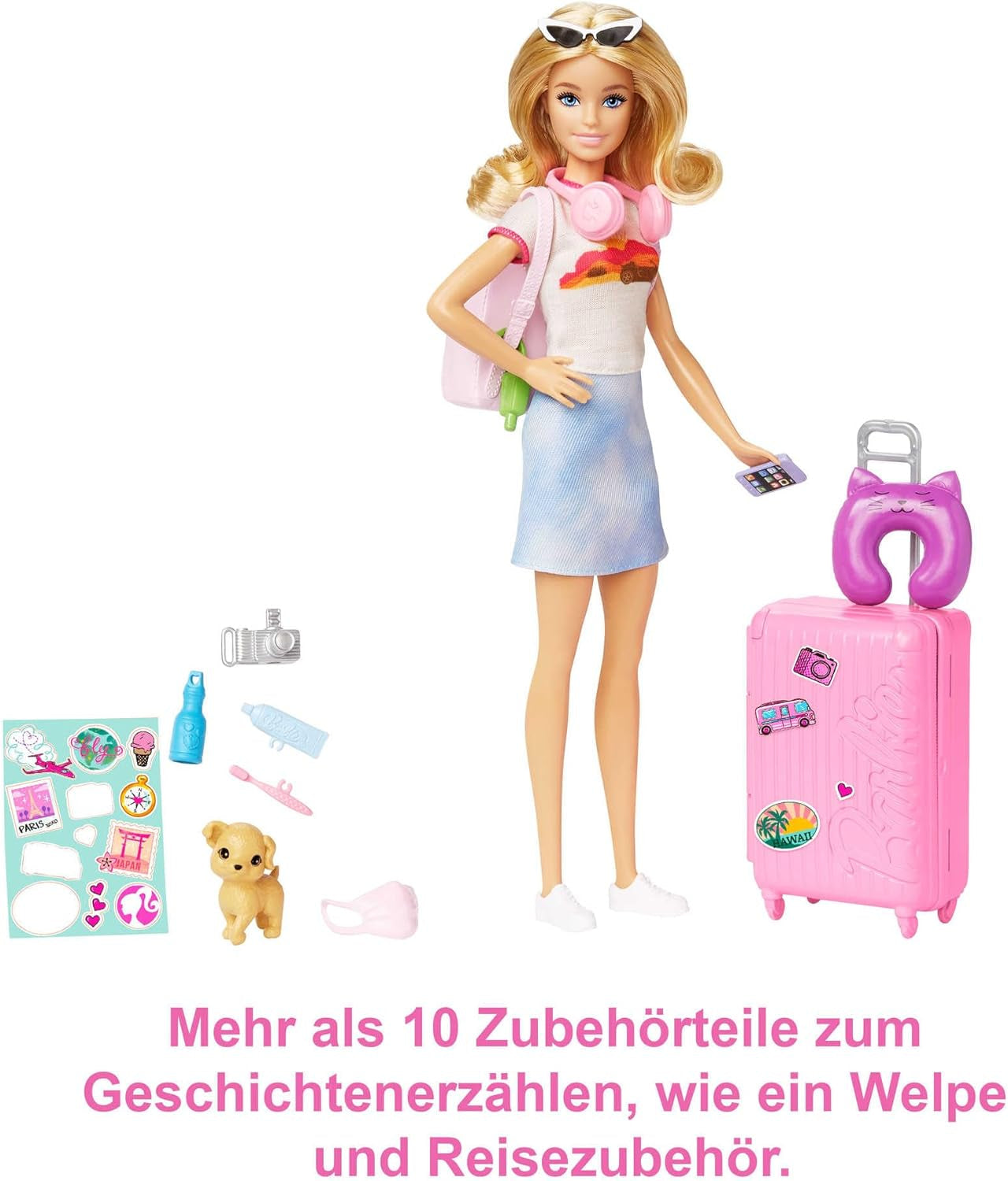 Barbie-Puppe, Reise-Barbie mit blonden Haaren, 10+ Reisezubehör, Aufkleber, Koffer, Welpe, inkl. 1 Puppe, Geschenk für Kinder, Spielzeug ab 3 Jahre,HJY18