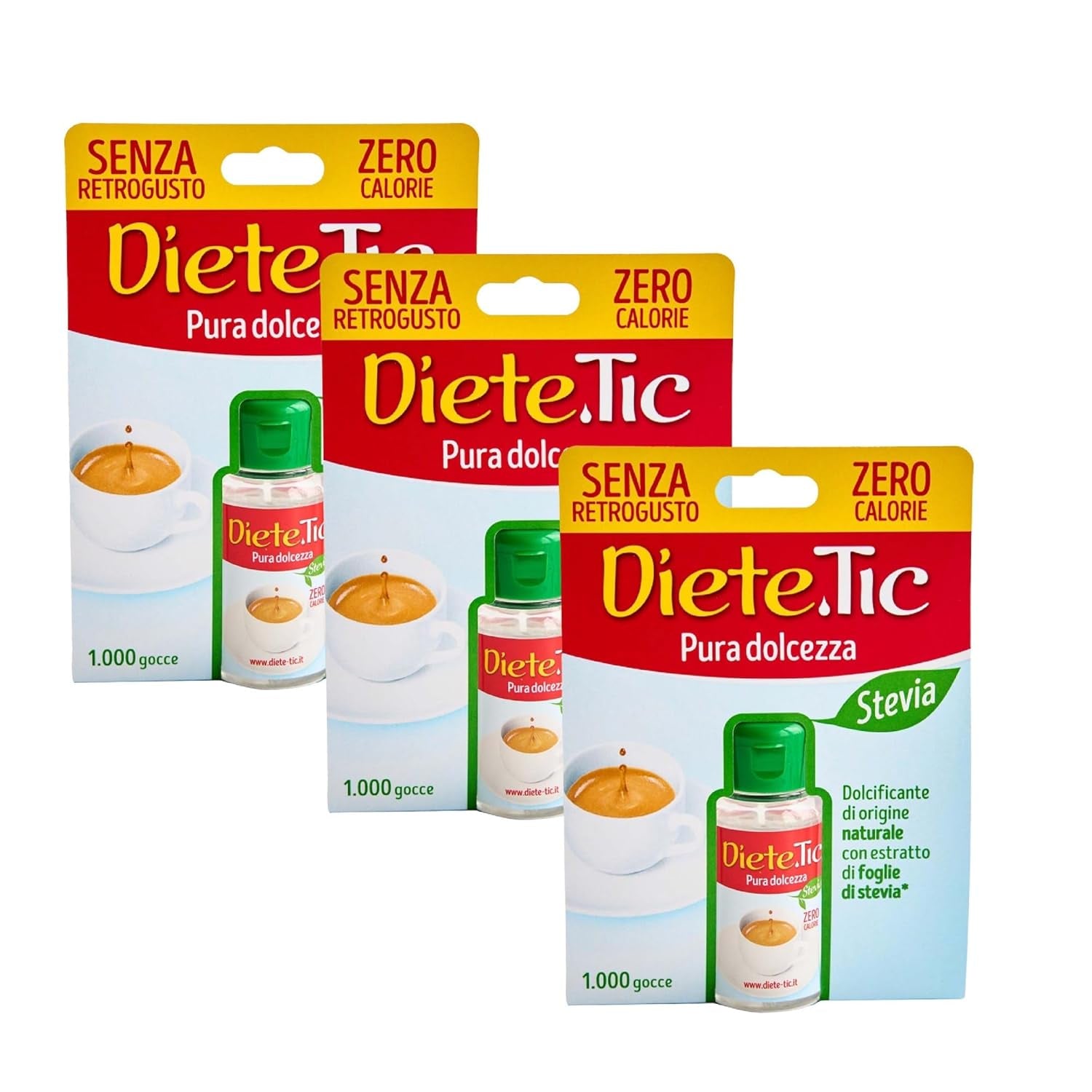 Diete.Tic Édulcorant liquide avec stévia, zéro calories, paquet pratique de 3 x 50 ml (1 000 gouttes), sans gluten, sans conservateur, idéal pour sucrer les boissons, les yaourts et les salades de fruits