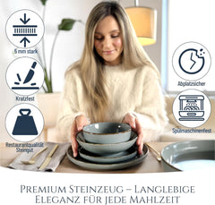Steingut Geschirrset 6 Personen Rustique 24 tlg. TESTSIEGER, Hochwertiges Landhaussttil Steingut Geschirr Set, Schüssel- und Teller Set, Tafelservice 6 Personen, Geschirrsets Pure Living à Rauchblau