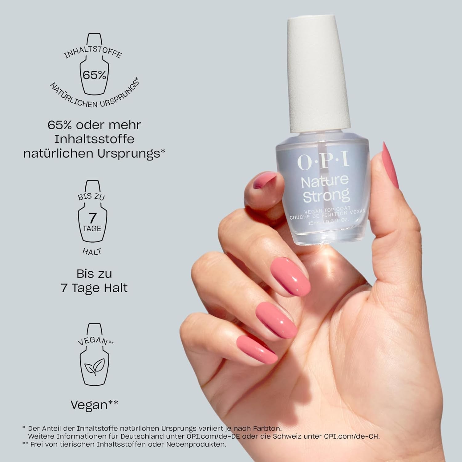Oja OPI Nature Strong este Rose Gold – oja de lungă durată cu o formulă vegană, inovatoare, care conține ingrediente naturale – pentru unghii strălucitoare, de un roz auriu.