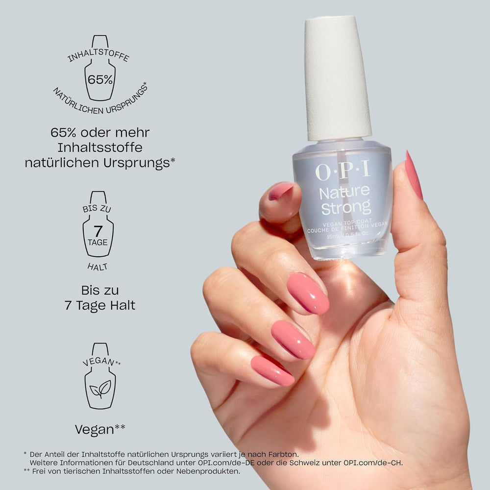 OPI Nature Strong Base & Top Coat – formulă vegană cu ingrediente naturale – bază și top coat inspirate din îngrijirea pielii pentru unghii cu aspect sănătos instantaneu