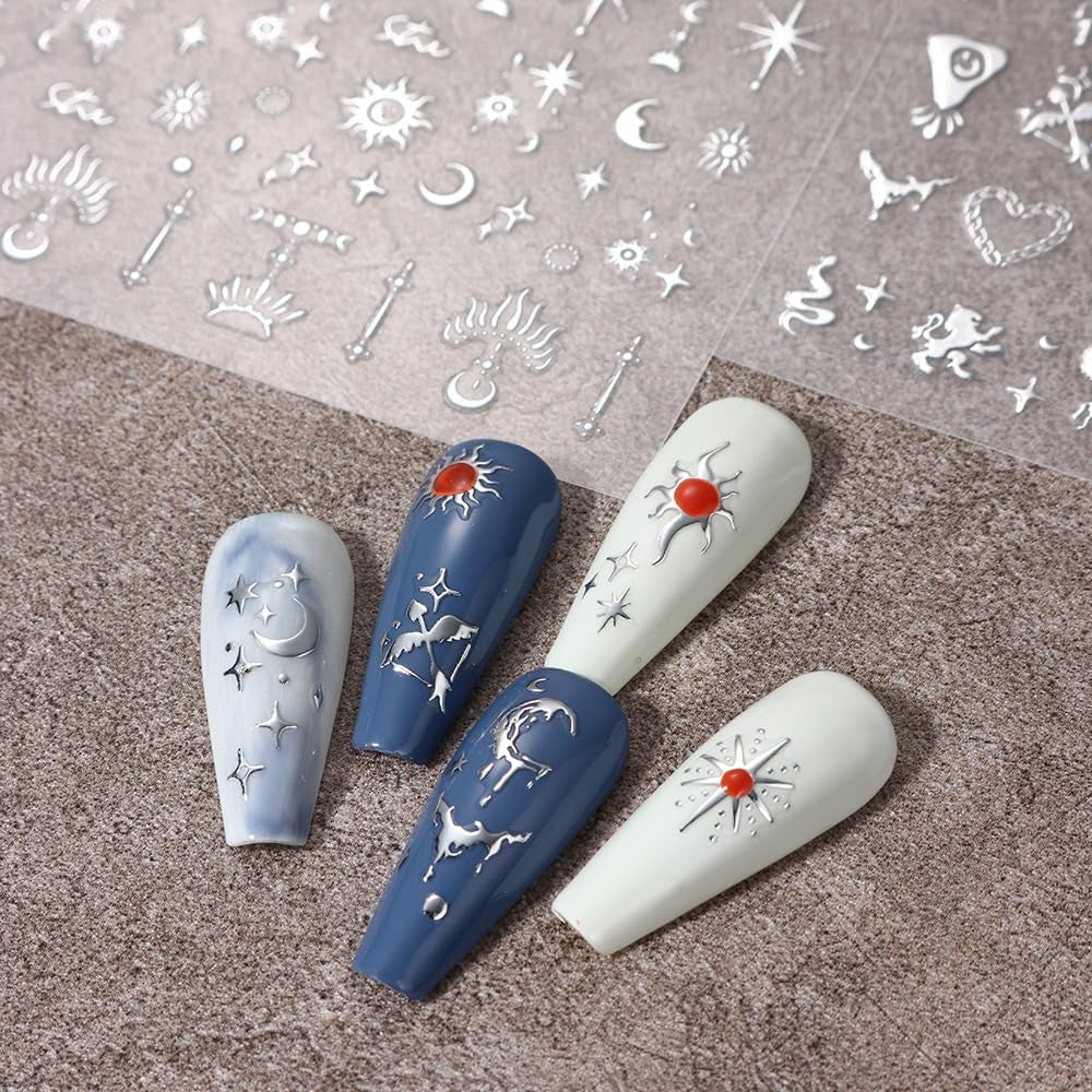 Autocollants d'ongles métalliques argentés 3D, autocollants d'ongles pour femmes, étoile, lune, soleil, feuille d'ongles, autocollants auto-adhésifs, autocollants d'ongles papillon, autocollants d'ongles, accessoires de conception d'ongles, 8 pièces