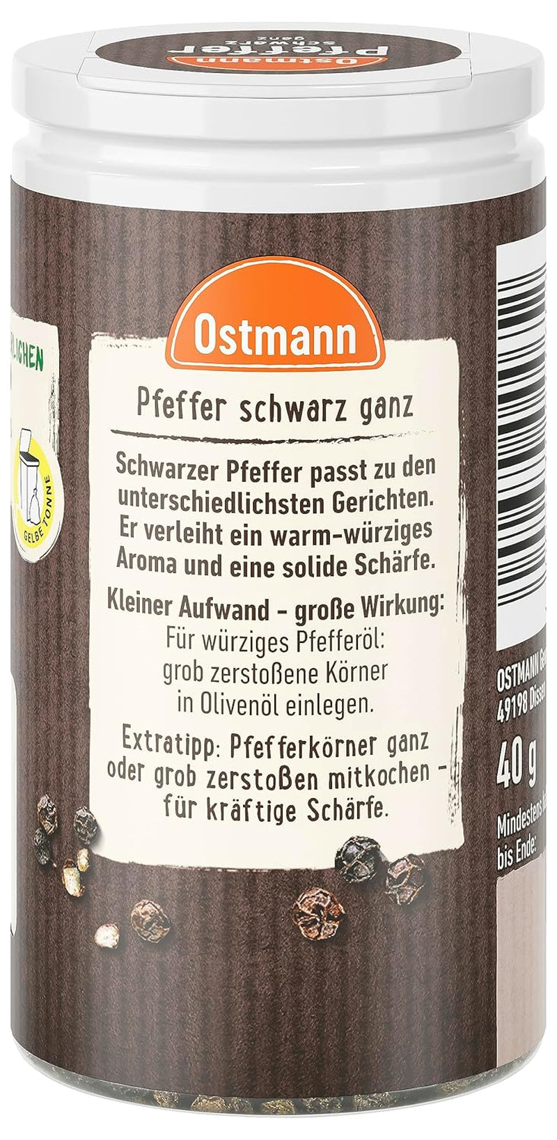 Ostmann Gewürze - Pfeffer schwarz ganz | 40 g dans Der Streudose
