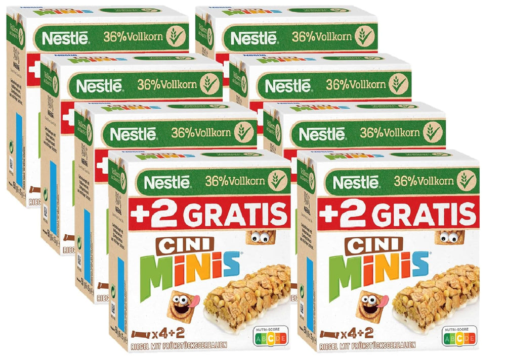 Barres à la cannelle NESTLÉ CINI MINIS, collation croustillante au calcium et au blé entier, paquet de 8 (4 x 25 g chacune)
