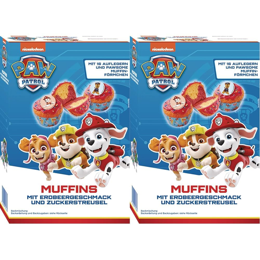 RUF X PAW Patrol Muffin Backmischung Mit Erdbeer-Geschmack, pour 12 Paw Patrol Muffins, Inkl.16 Oblaten-Auflegern et Pawsome Muffin-Förmchen, 1 X 394G Naty Shop 392 G (2Er Pack) Muffins