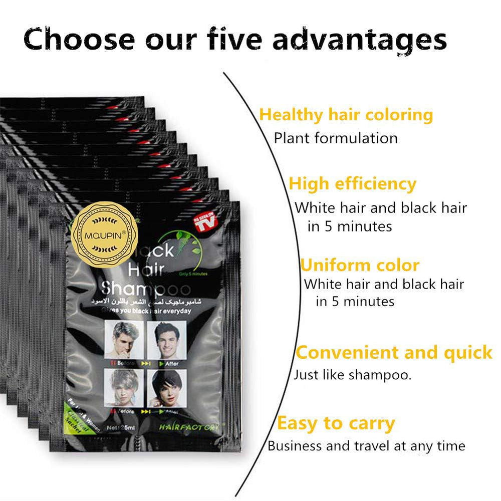 Ingrédients naturels Shampoing instantané pour teinture capillaire noire, teinture semi-permanente pour cheveux noirs, facile à utiliser, longue durée, ingrédients naturels (10 pièces, noir) Naty Shop Hair Dye