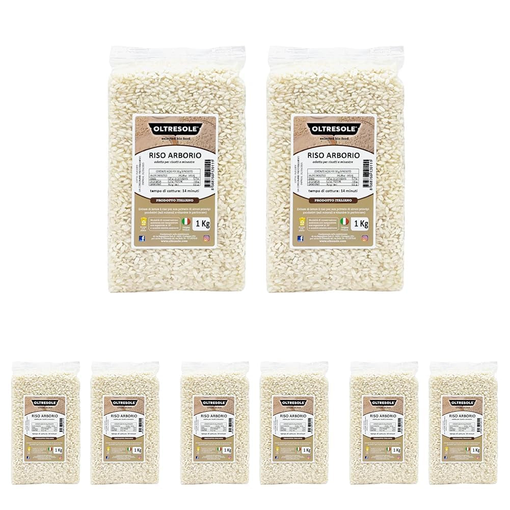Riz Arborio italien artisanal, riz à gros grains et féculent, idéal pour les soupes, risottos et salades de riz, emballé sous vide en 2 sacs de 1 kg
