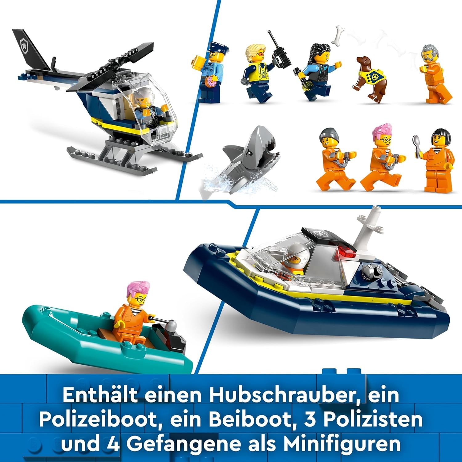 LEGO City Poste de police sur l'île-prison, jouet de police avec hélicoptère, botte et Hai, ensemble avec 7 figurines et chien, cadeau d'anniversaire pour garçons et filles à partir de 7 ans 60419