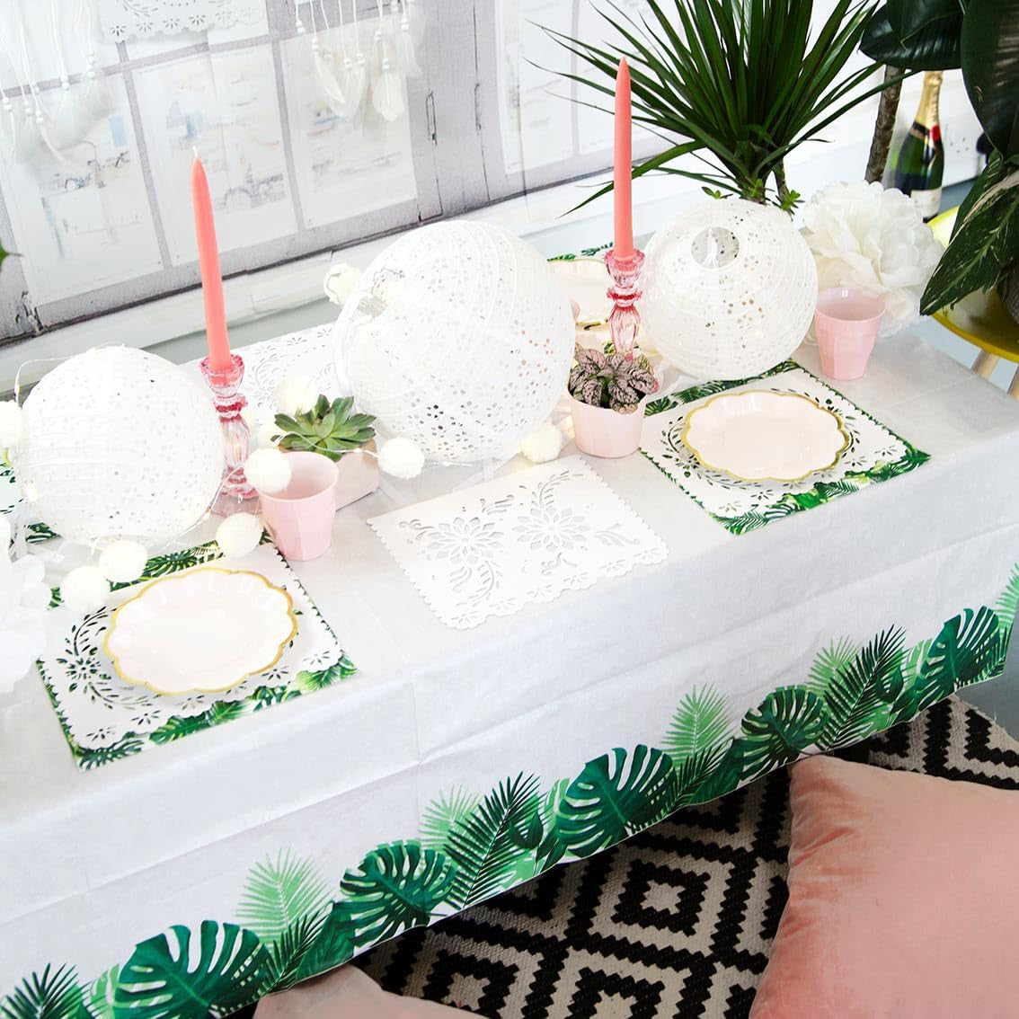 Pack de 20 lingettes tropicales | Serviettes en papier vert avec motif feuille de palmier | Vaisselle jetable pour fête d'enfants, fête safari, jungle, dinosaure, été, thème hawaïen