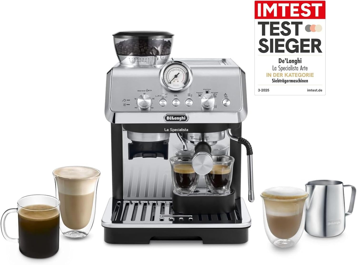 De'Longhi La Specialista Arte EC9155.MB Machine à expresso porte-filtre avec moulin, 8 niveaux de mouture, pression 15 bars, 3 niveaux de température, mousseur à lait, 1550 W, réservoir 1,7 L, acier inoxydable/noir, kit barista inclus