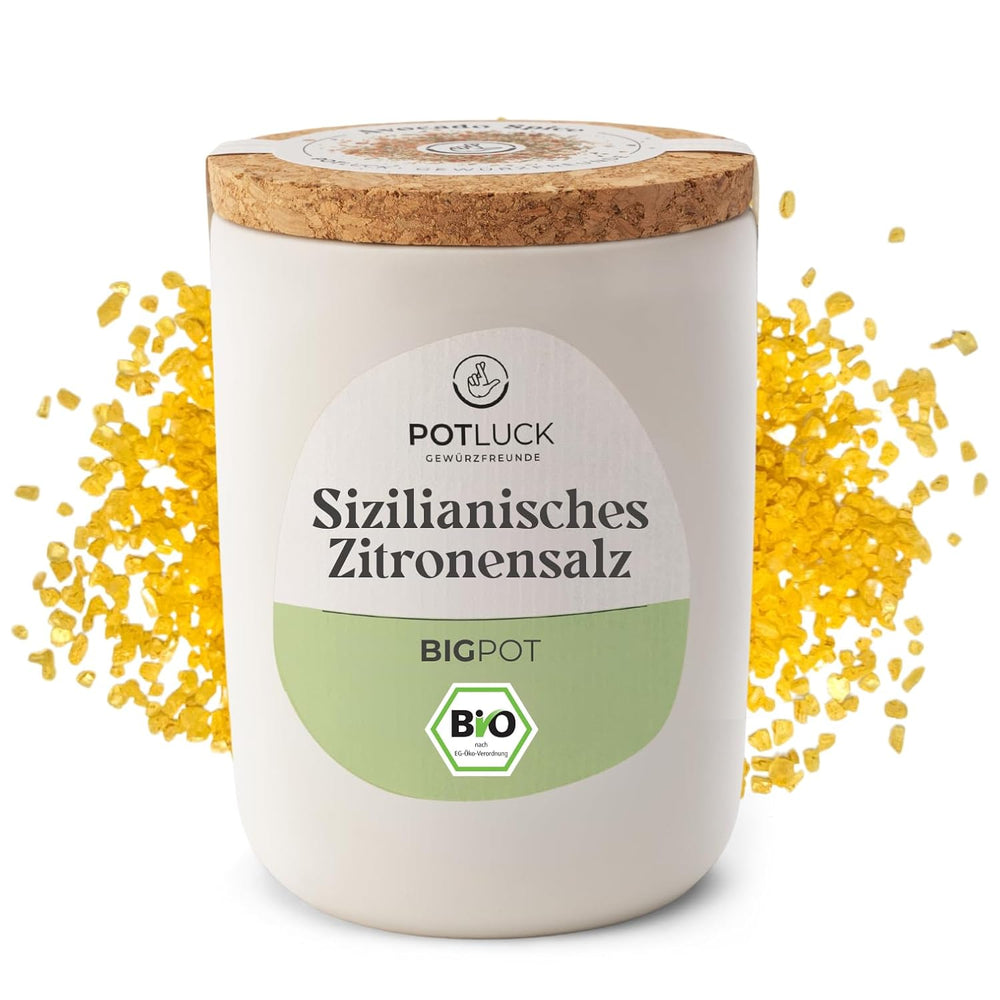 Repas-partage | Bio Sizilianisches Zitronensalz | Gewürzsalz for Fisch, Meeresfruchte, Gemüse, Salad and Dressings | 140g en céramique
