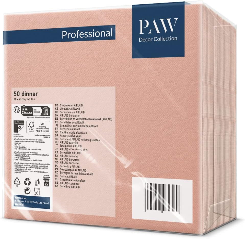 PAW - Serviettes Airlaid (40 X 40 Cm) I 50 pièces I Unicolore I Aspect tissu I Décoration de table élégante I Horeca I Pour les occasions importantes comme les mariages, les fêtes, Noël I Unicolore : Rose