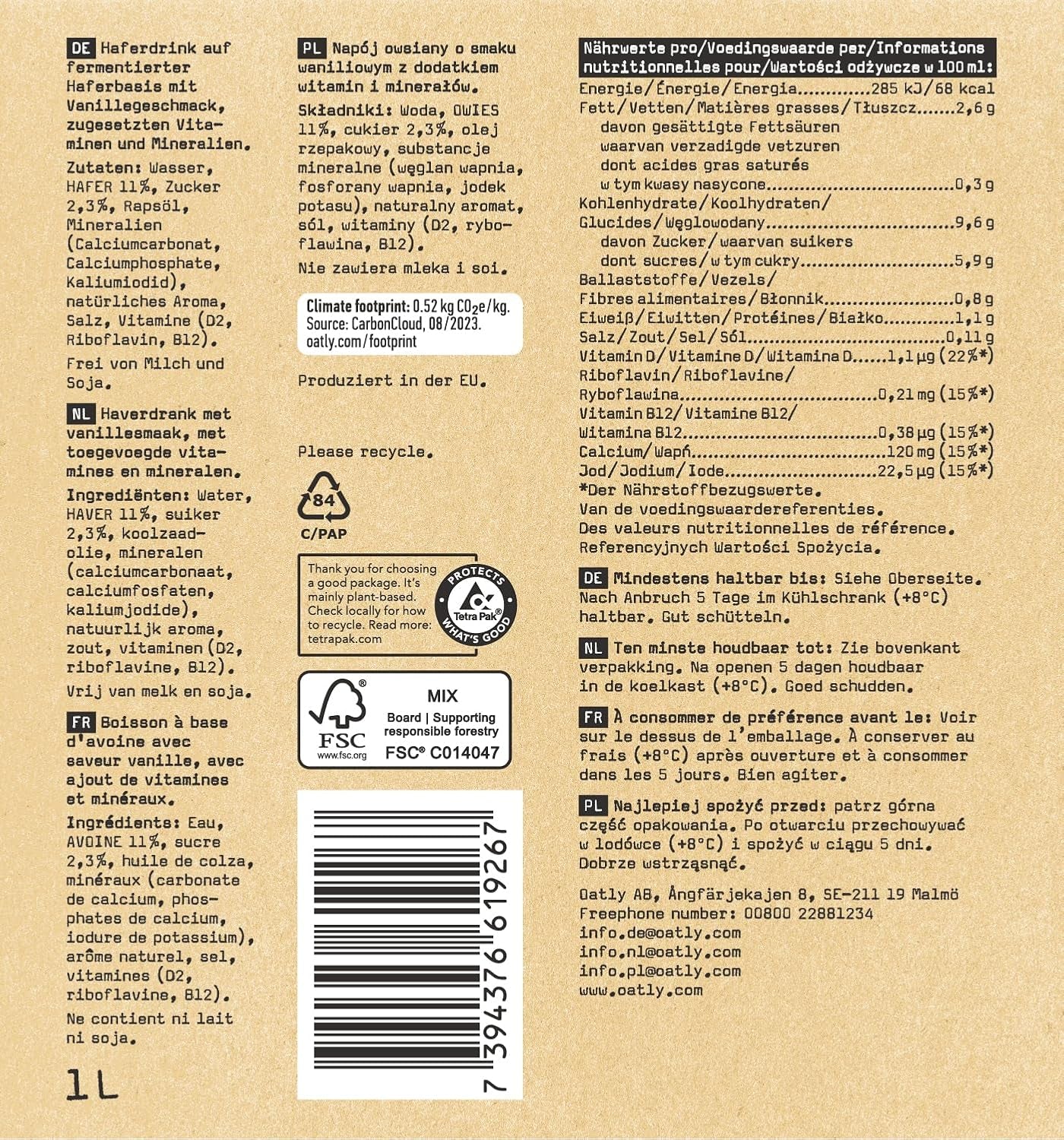 Oatly Haferdrink Vanille 1L (paquet de 6)