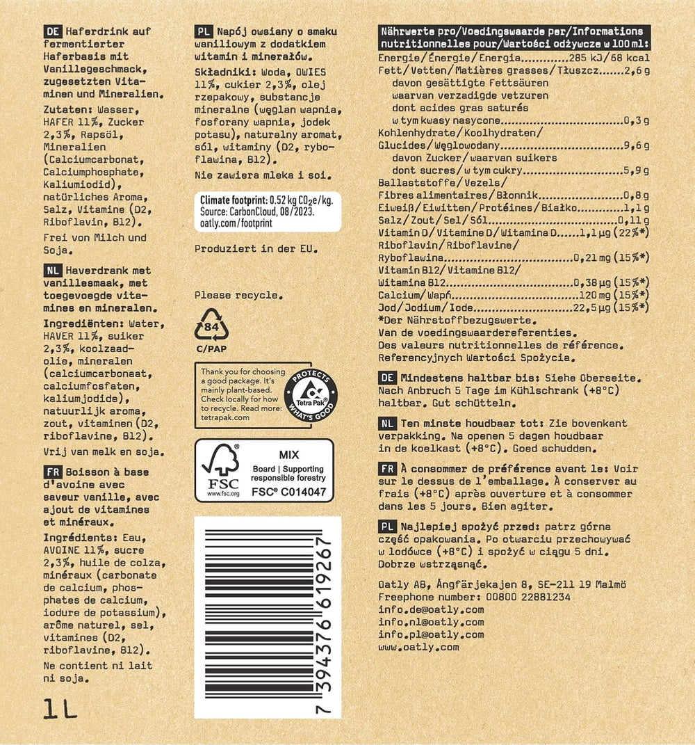 Oatly Haferdrink Vanille 1L (paquet de 6)