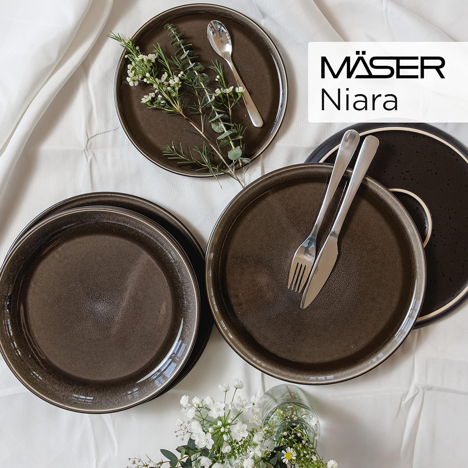 MÄSER 934020 Série Niara, Service de table moderne pour 6 personnes au look vintage passionnant, Service de petit-déjeuner en céramique de 18 pièces, Gris et noir, Grès