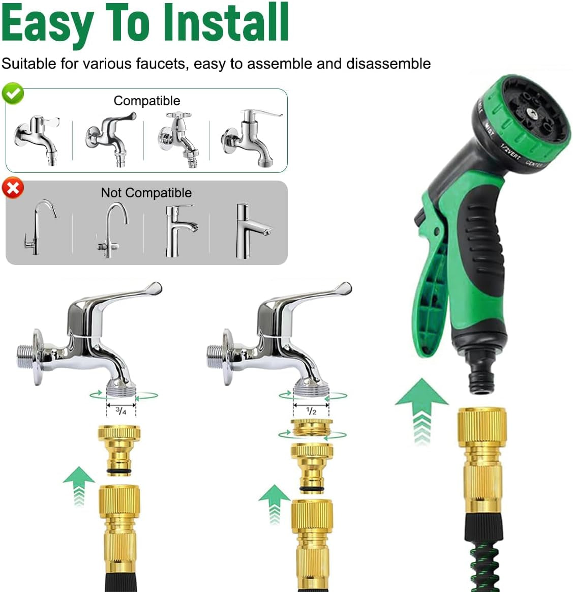 Tuyau d'arrosage flexible vert de 30 m/100 pieds avec buse de pulvérisation et connecteurs en laiton de 3/4" et 1/2" 10 fonctions Tuyau d'eau extensible 3 fois extensible sans pli pour sol de jardin, terrasse, voiture