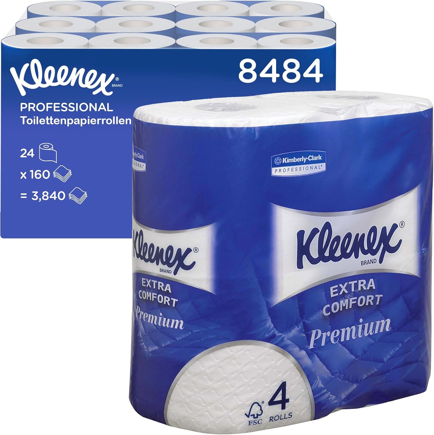 Kleenex Premium Role de hârtie igienică 8484, hârtie igienică cu 4 straturi, hârtie igienică cu foi căptușite din fibre pure 100%, hârtie certificată Fsc, 24 role X 160 (Insg. 3.840 foi)