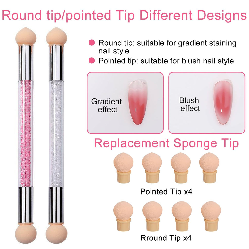 2 Stück Nail Art Rendering-Werkzeuge Doppelter Kopf, Sponge Brush Applikator Inkl 8 Ersatzköpfe, Nail Art Schwamm Und Tupfpinsel(Weiß, Rosa)