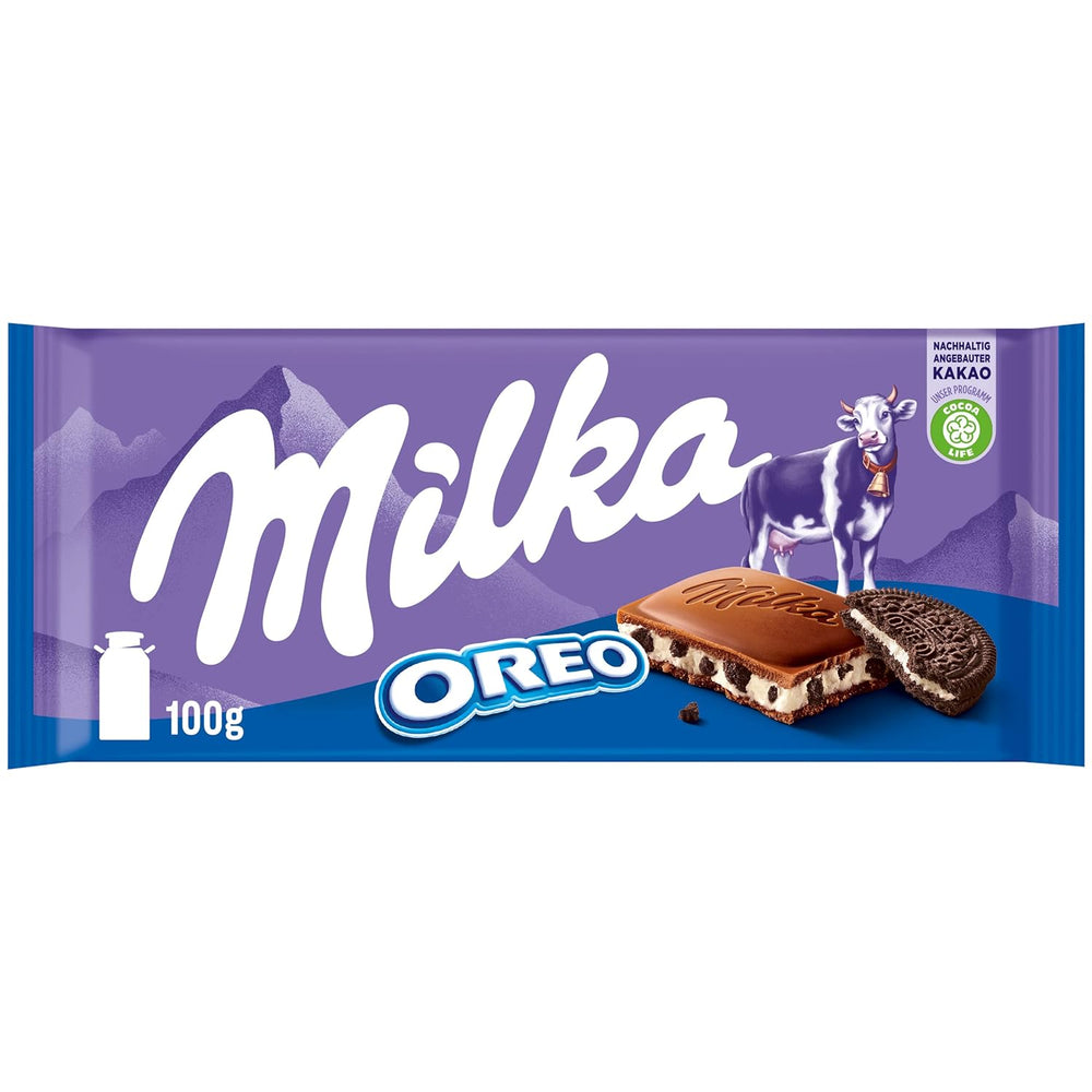 Milka Oreo – Chocolat au lait alpin fourré de morceaux croquants de biscuits Oreo et de crème onctueuse à la vanille – 100g