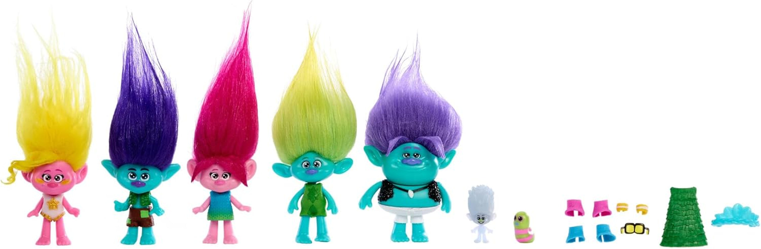Mattel DREAMWORKS TROLLS Gemeinsam Stark – Haarige Überraschungen Poppy Königin Poppy, Viva, Branch et Guy Diamond Plüschhaar, 2 Haarige Überraschungen, Zubehör, für Kinder ab 3 Jahren, HNF10