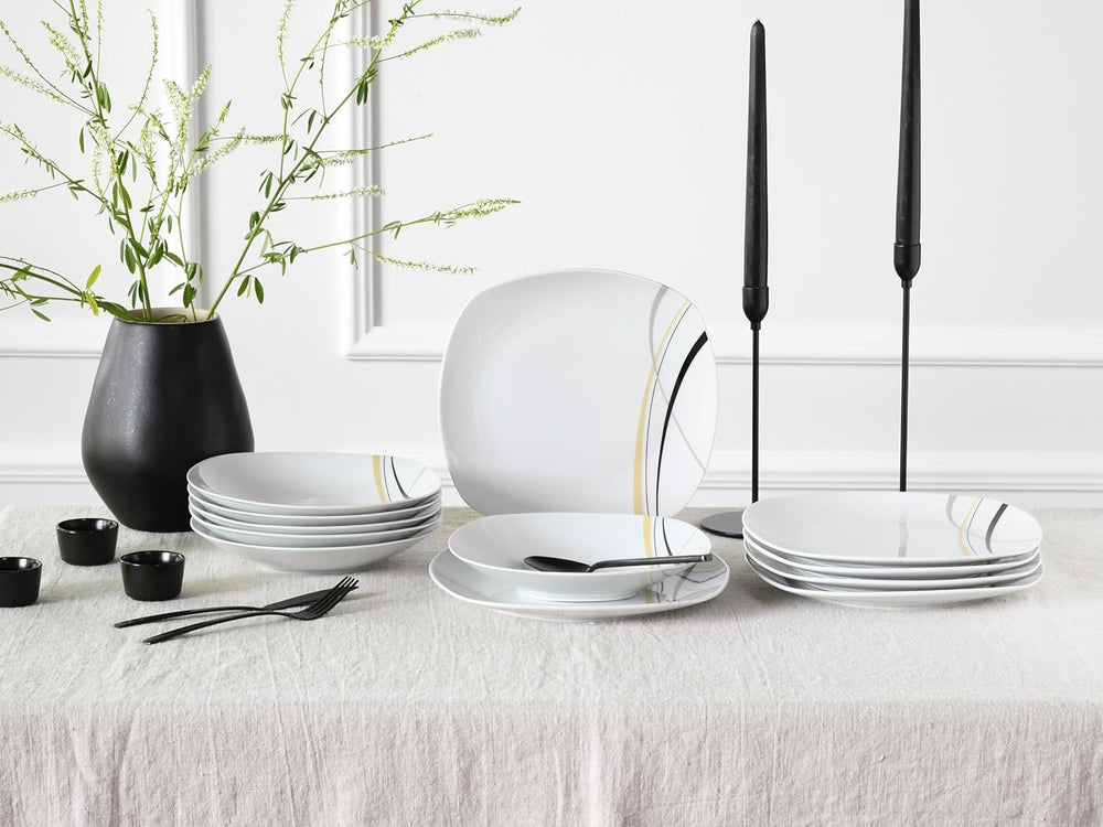 CreaTable 24029 Square City Line Series Service de table en porcelaine pour 6 personnes 12 pièces Passe au lave-vaisselle et au micro-ondes Fabrication de qualité