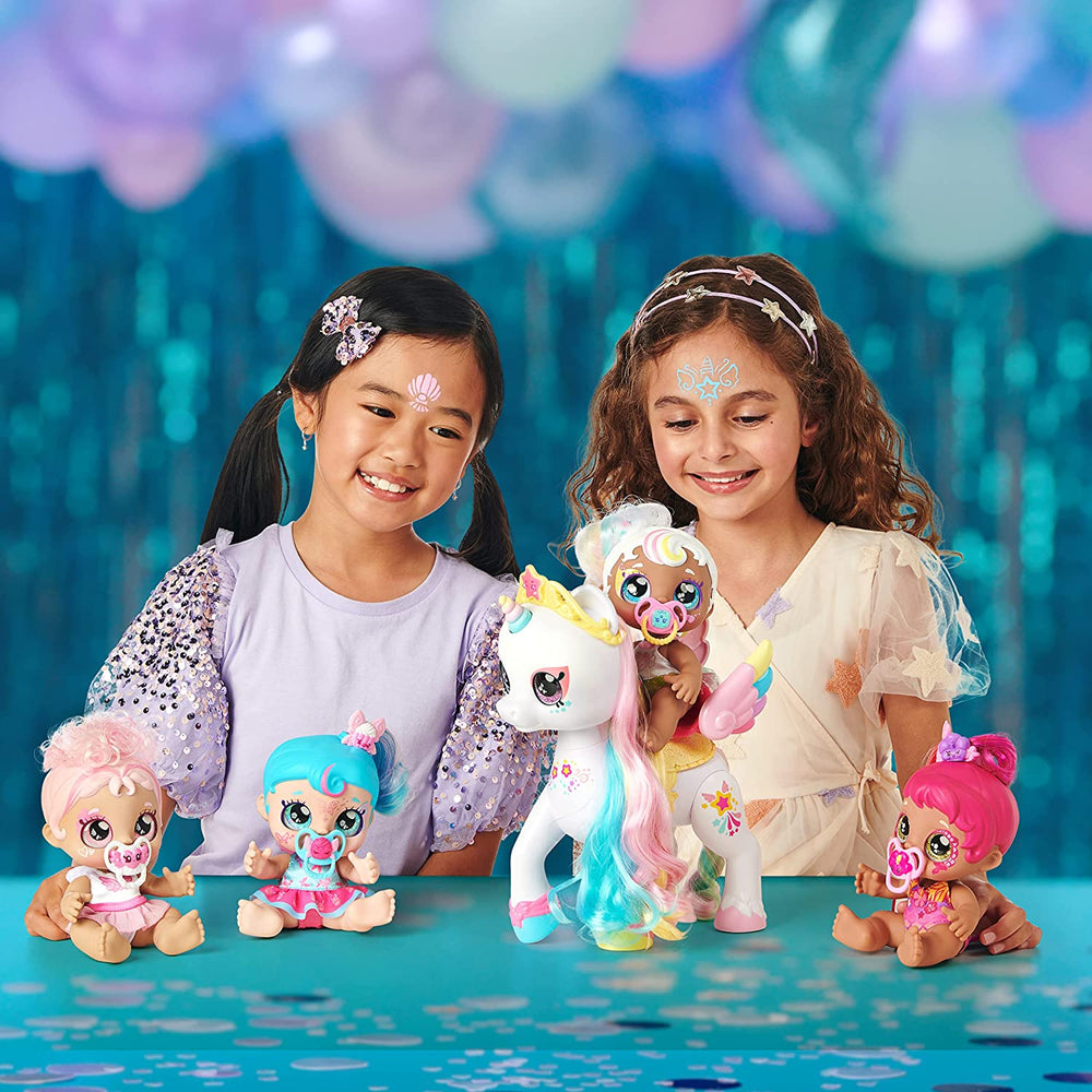 Baby Sister-Puppe Mini Mello als Einhorn, 1 Chiot avec sucette Spielzeug et Zauberschwamm pour magische Gesichtsbemalung. Grande, scintillante Augen, biegsame Arme und Beine, 50275