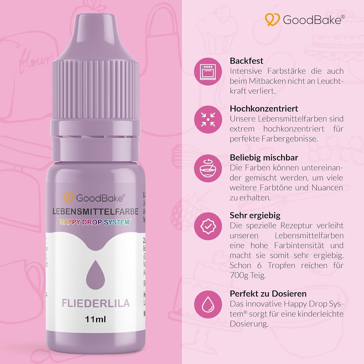 Colorant alimentaire lilas pastel Goodbake (11 ml) - Colorant alimentaire à haute dose - Pour colorer les gâteaux, fondants, crème au beurre, macarons, boissons, slime et bien d'autres articles. 100% végétalien