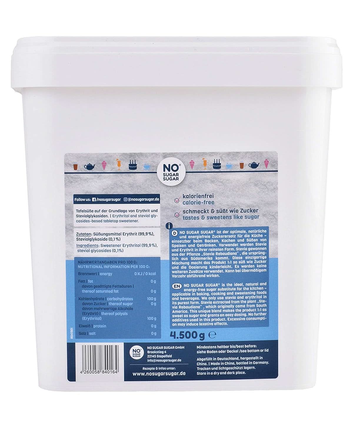 SANS SUCRE, Érythritol + Stevia Substitut de sucre naturel sans calories 1:1 douceur par rapport au sucre, sans arôme, 4,5 Kg Édulcorants Naty Shop