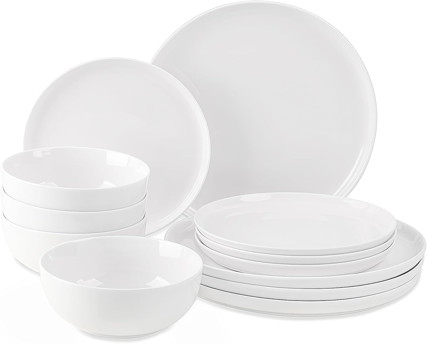 Service de table 12 pièces, service de table en porcelaine pour 4 personnes, service de table blanc avec assiettes, assiettes à dessert et bols à céréales