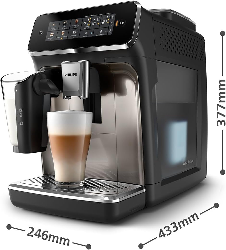 Machine à expresso automatique PHILIPS série 3300 - 6 boissons, écran tactile couleur moderne, système de préparation de lait LatteGo, SilentBrew, moulin 100% céramique, filtre AquaClean. Chromé noir (EP3347/90)