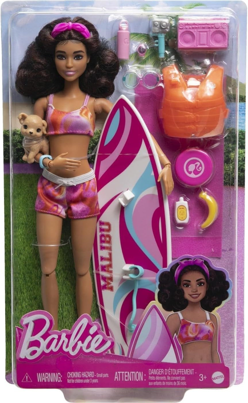 Poupée Barbie Surfeuse avec planche de surf et poignée, serviette et radio pour des aventures et des histoires sur la plage, clips et sangle de cheville pour un surf réaliste, à partir de 3 ans HPL69 Naty Shop Modern Dolls