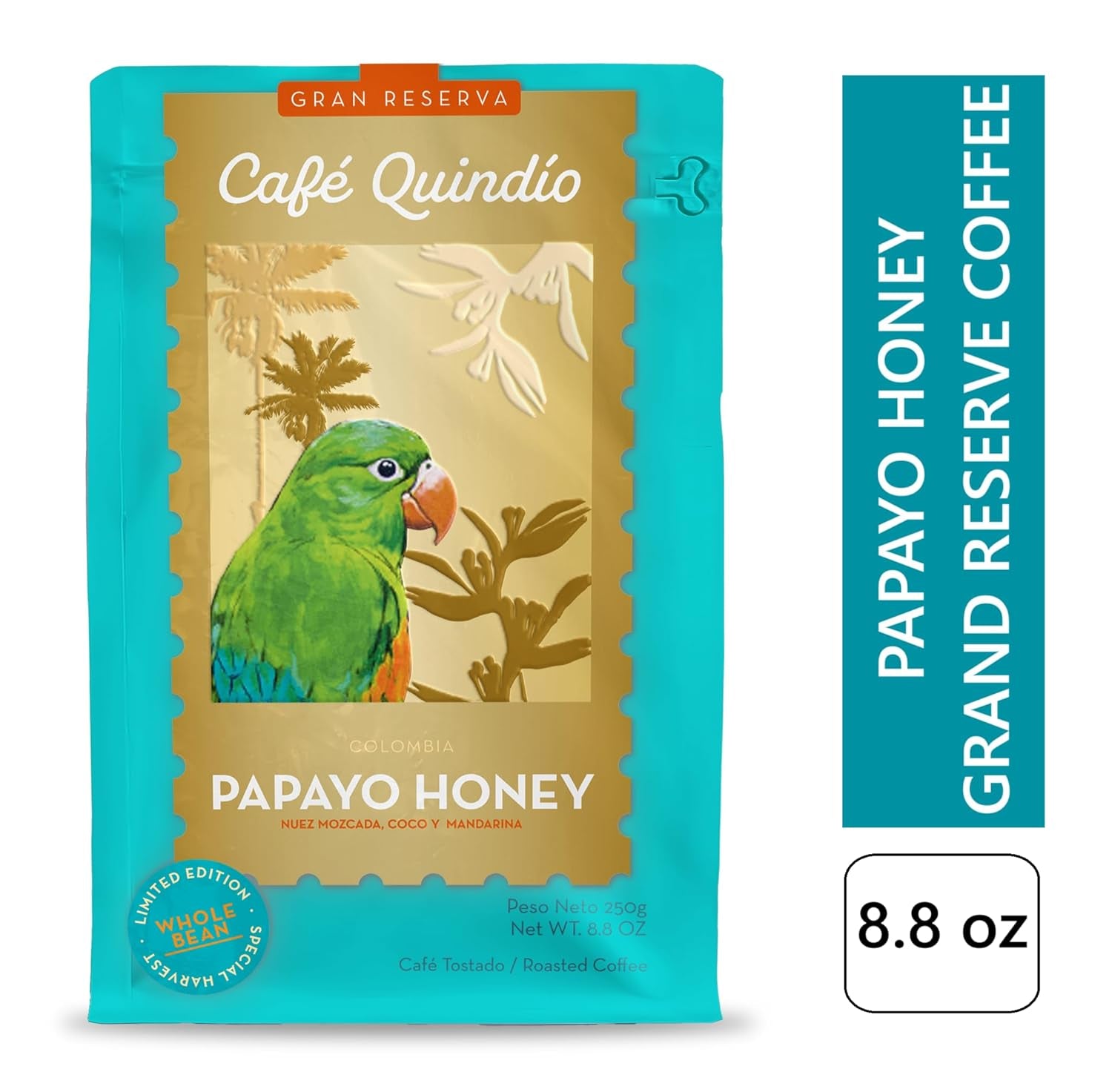 Café Quindio Papayo Honey Specialty Coffee - Café en grains 100% Arabica d'origine unique Colombie - aux notes naturelles de muscade, noix de coco et mandarine (250g) - idéal pour Chemex
