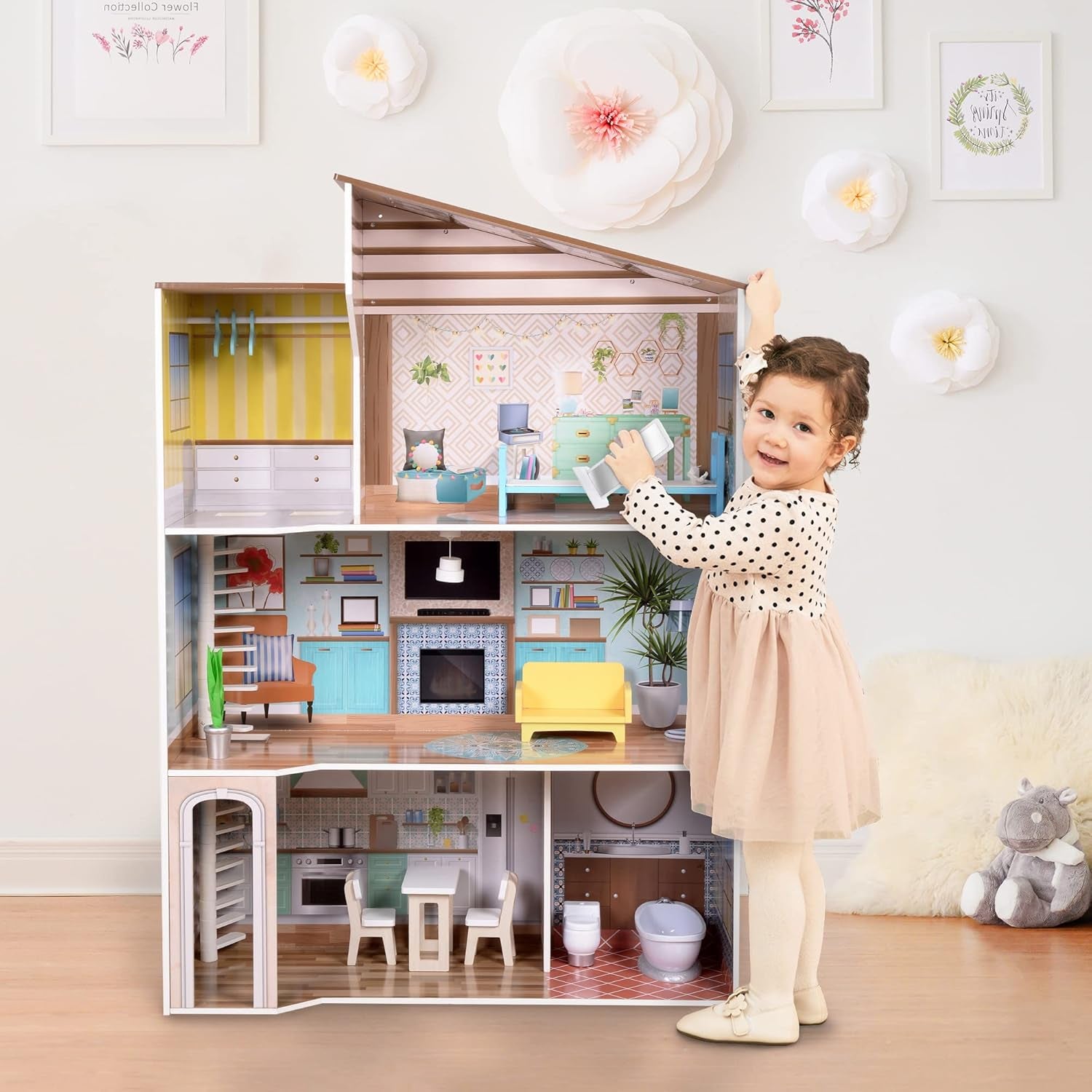 Olivia's Little World Maison de poupée interactive en bois à 3 étages de style méditerranéen contemporain pour enfants avec 17 accessoires de meubles de poupée multicolore TD-13551B