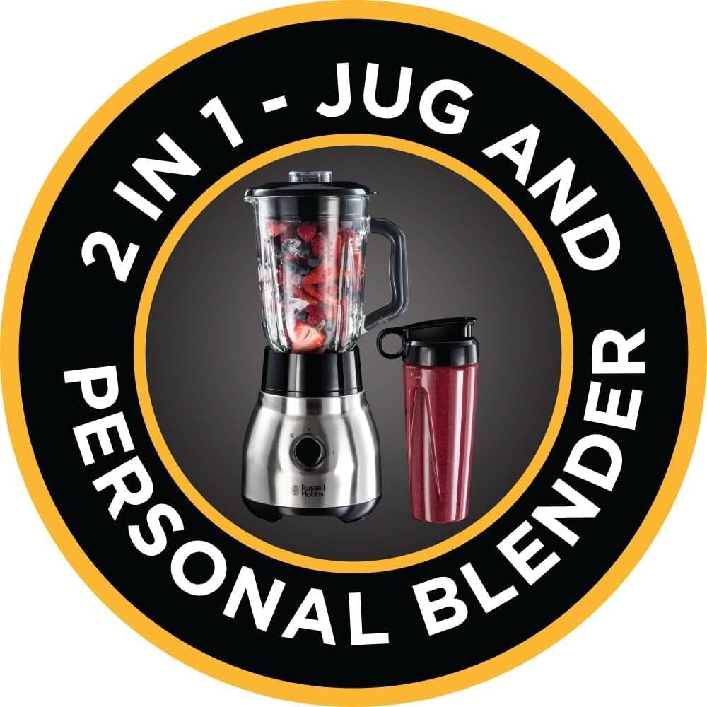 Russell Hobbs Standmixer 2-In-1 [1,5L Glasbehälter Mixer & 0,6L Mini Smoothie Maker -To-Go-Trinkflasche Inkl. Deckel] Spülmaschinenfest, Impuls-/Ice-Crush Funktion, Becher BPA Frei, Edelstahl 23821-56 Bucatarie Naty Shop