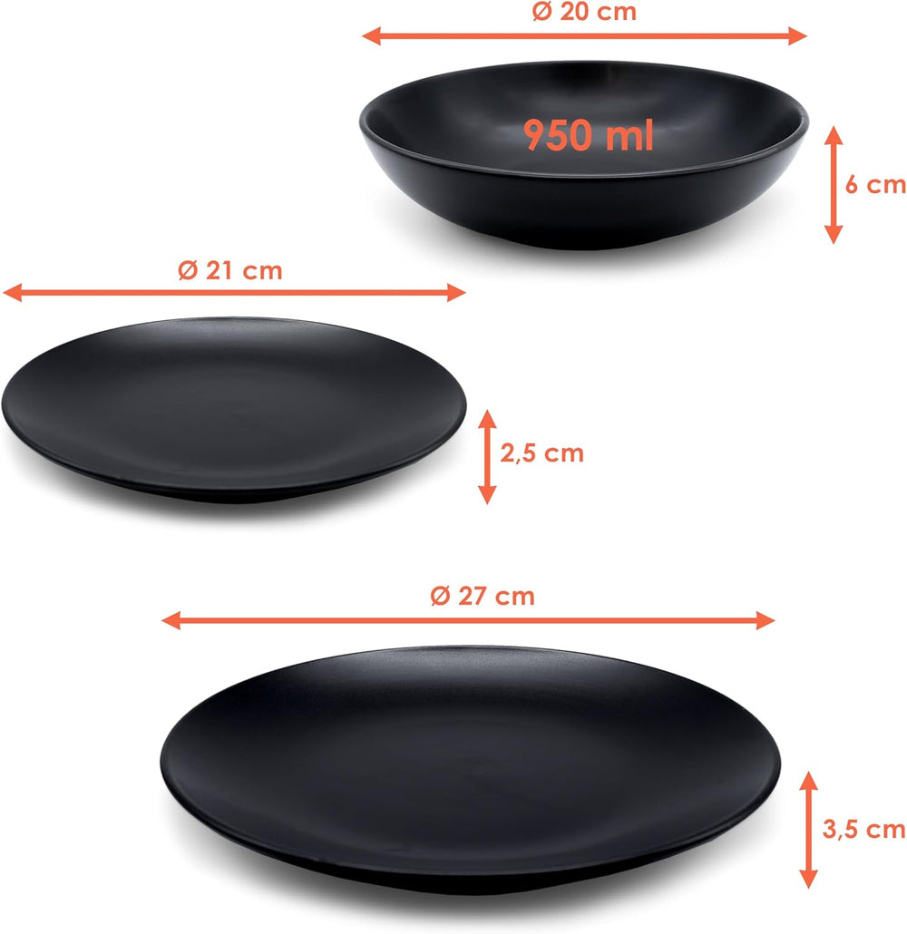 Service de table en céramique fine noir mat – 18 pièces – Service de table pour 6 personnes comprenant assiettes à gâteau, assiettes plates, assiettes plates – Passe au lave-vaisselle