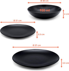 Service de table en céramique fine noir mat – 18 pièces – Service de table pour 6 personnes comprenant assiettes à gâteau, assiettes plates, assiettes plates – Passe au lave-vaisselle