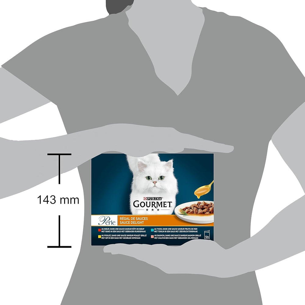 Pearl | Suport pentru sos | Pisică adultă | Vită, Pui, Ton, Somon | 12 x 85 g | Pliculețe pentru prospețime (ambalajul poate varia)