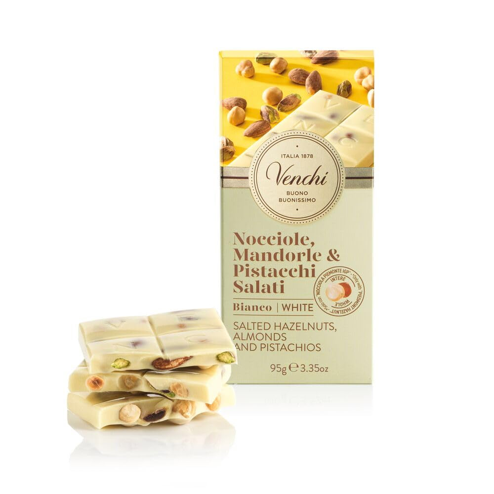 Venchi - Barre aux Noisettes Salées, Noisettes Salées, Amandes et Pistaches, 95g, aux "Noisettes du Piémont", Sans Gluten, Sans Colorants Artificiels et Sans Conservateurs