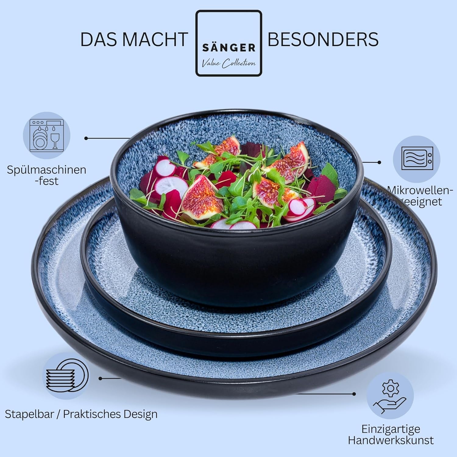 SÄNGER Aruba | Service de table en grès pour 6 personnes, 6 assiettes plates, 6 assiettes petit-déjeuner, 6 assiettes plates, 6 bols à pâtes, bleu avec bord noir | LA COLLECTION VALEUR