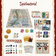 Kosmos 685447 Pe Râul de Aur, un joc de strategie pentru cunoscători cu profunzime tactică și planificare în avans, pentru 2-4 jucători cu vârsta de 12 ani și peste, tablă de joc cu relief auriu, mecanism inteligent de zaruri