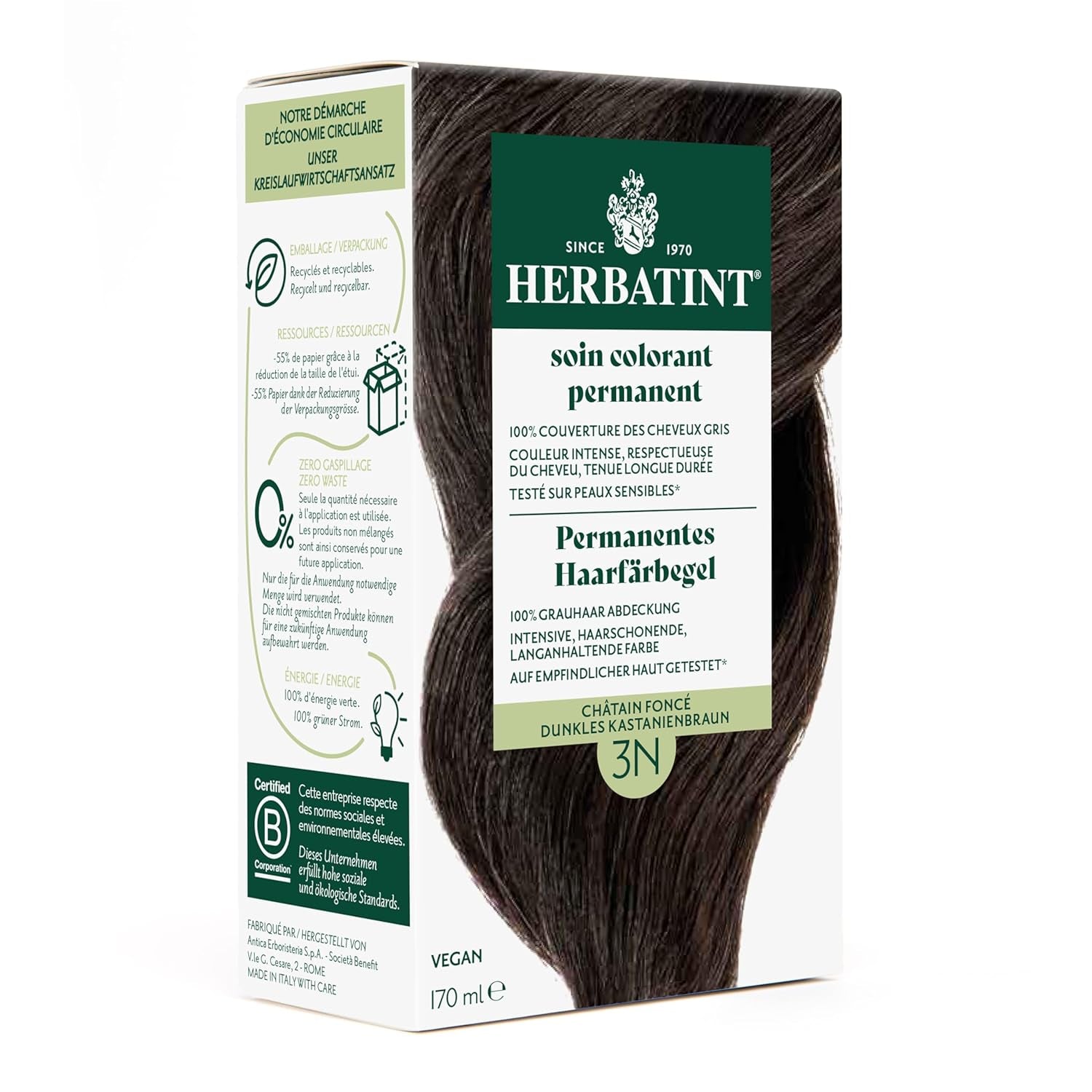 Gel colorant capillaire permanent 6N Blond foncé - 170 ml I Sans ammoniaque, couverture à 100% des cheveux gris I Testé sur peaux sensibles, aux 8 extraits végétaux Teinture capillaire Naty Shop 3N Châtain foncé