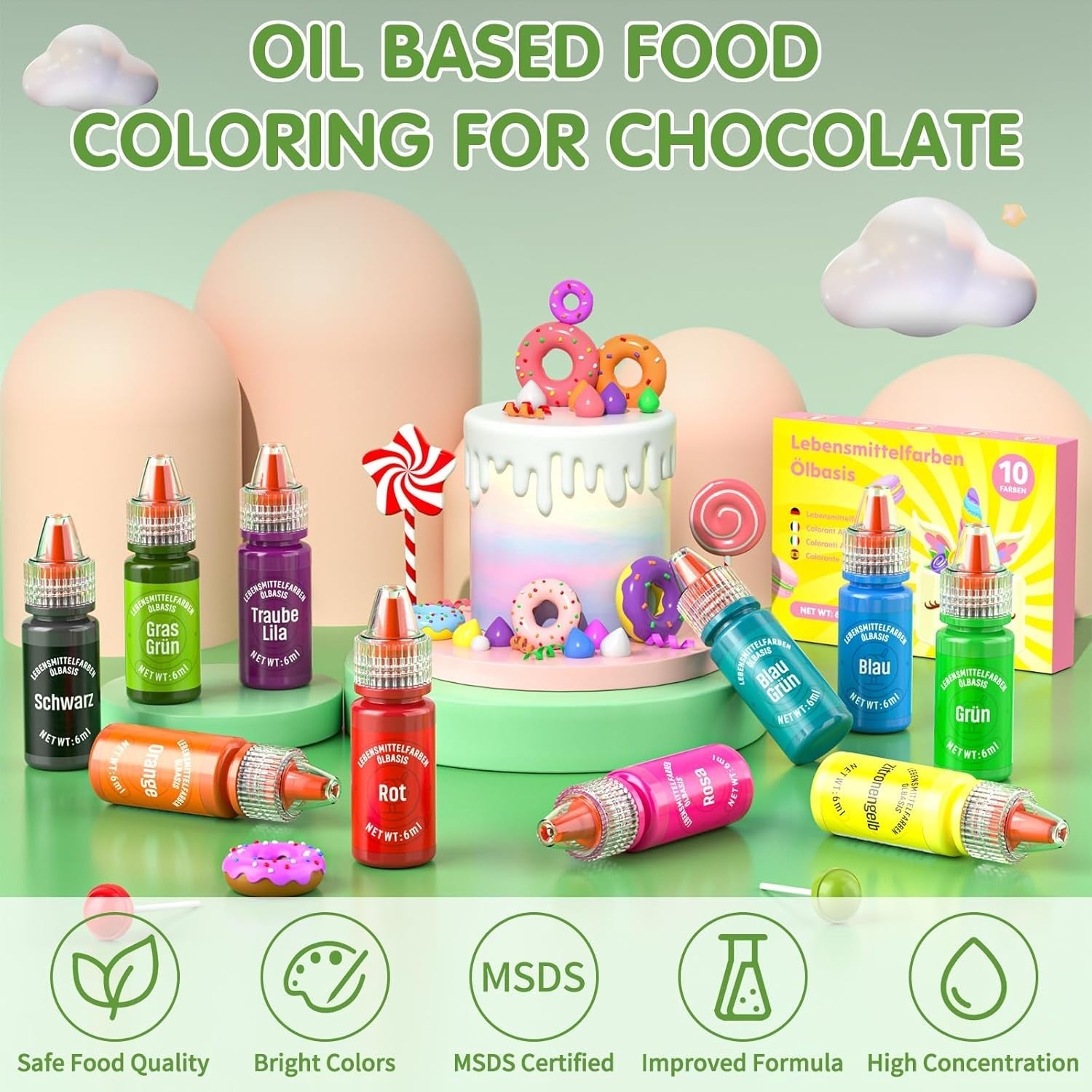 Colorant alimentaire liposoluble, 10 couleurs de colorant alimentaire à base d'huile pour la décoration de gâteaux au chocolat, ensemble de colorants alimentaires hautement concentrés pour fondant, cupcake, pâtisserie, colorant alimentaire - 6 ml chacun