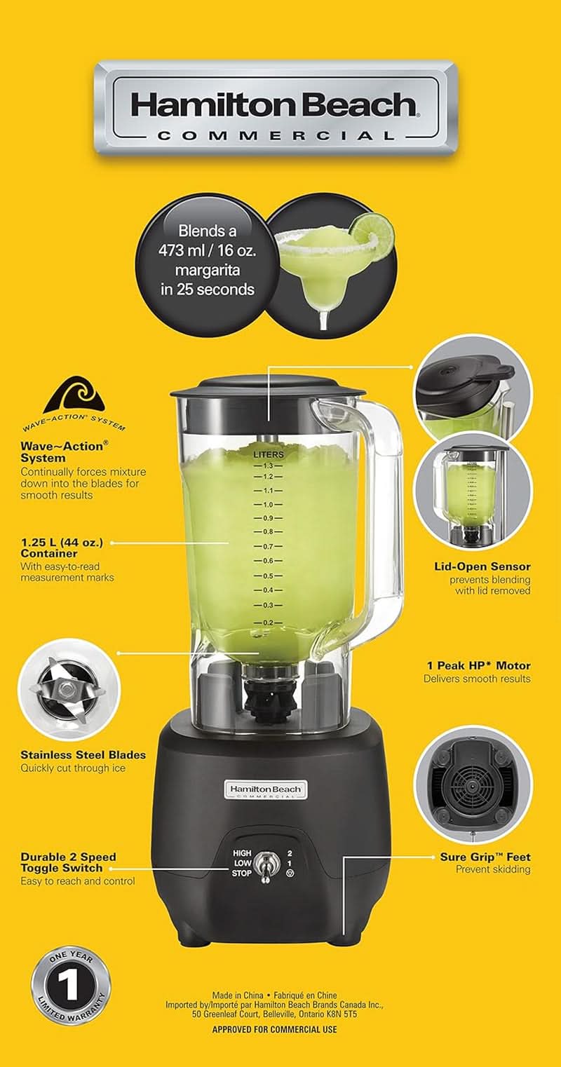 Mélangeur à barre Hamilton Beach Commercial® 908®R, HBB908R-CE, 1 HP, récipient en polycarbonate de 1,3 L, 2 vitesses, 220-240 V, cuisine noire Naty Shop