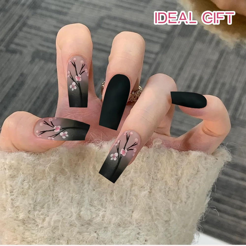 24 de bucăți de unghii French Press negre de toamnă, unghii lungi cu flori roz, unghii artificiale pentru lipit, set de unghii artificiale de toamnă cu accesorii