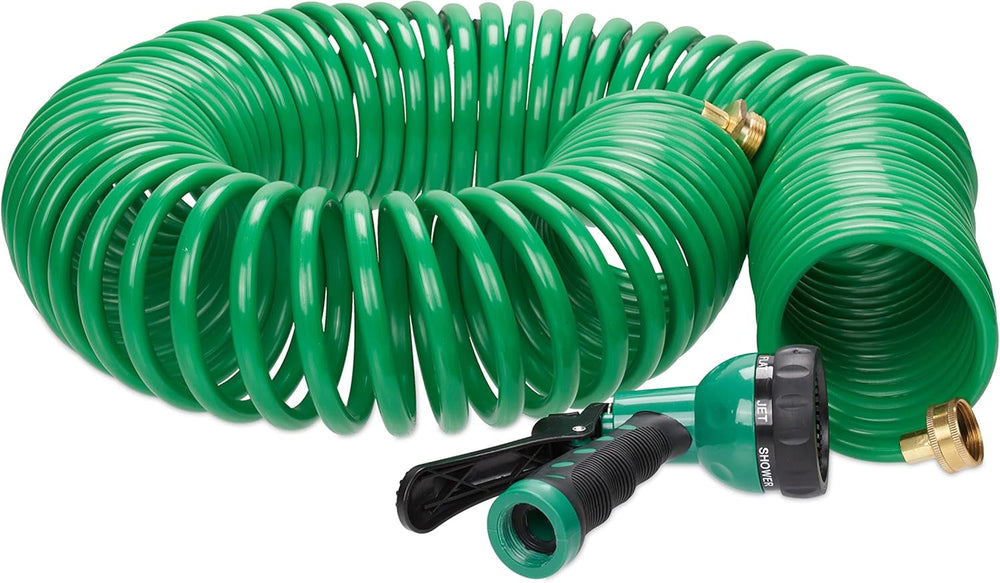Furtun spiralat Relaxdays, extensibil până la 20 m, furtun flexibil de grădină cu pulverizator de apă, 7 modele de pulverizare, verde