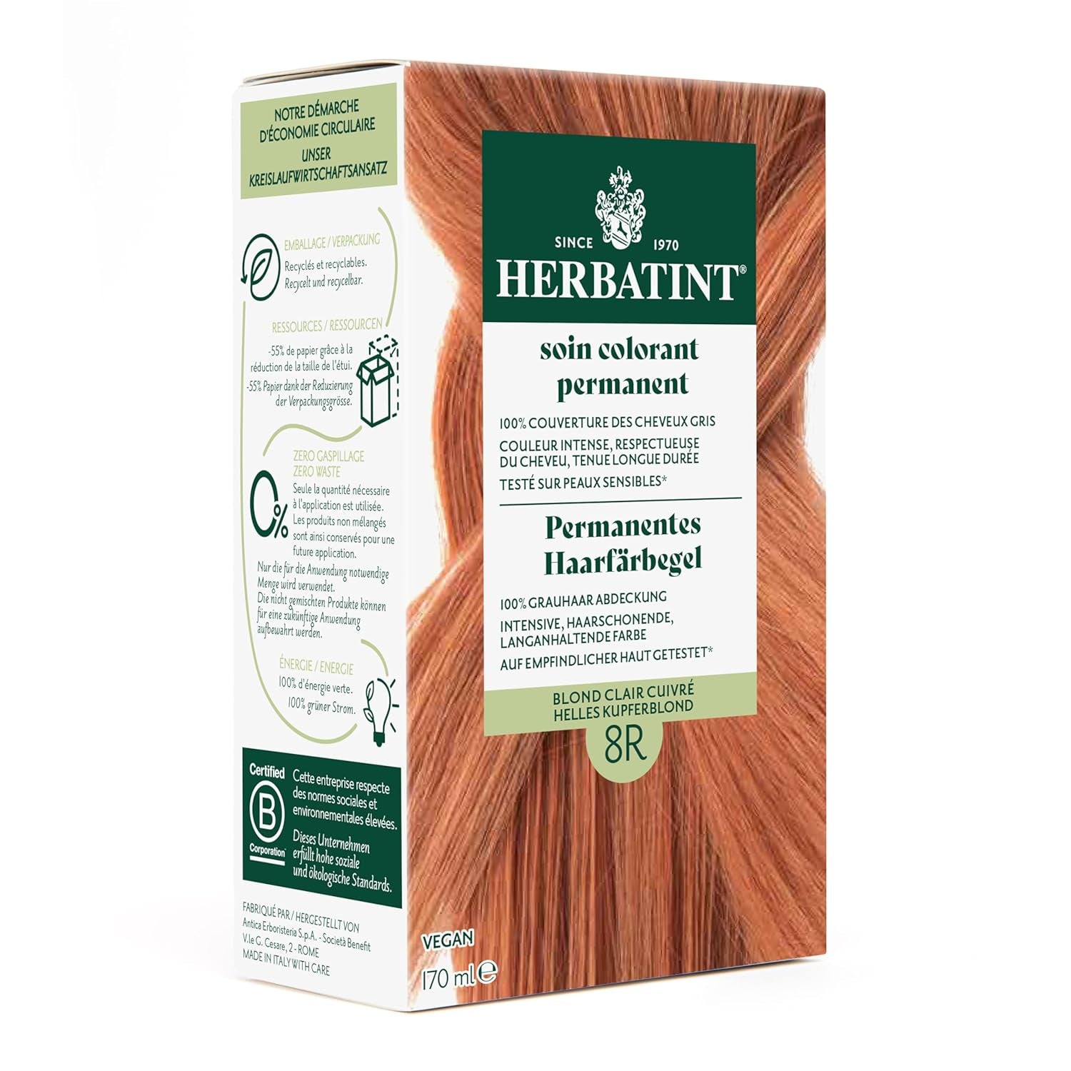 Gel Teinture Permanente 6N Blond Foncé - 170 ml I Sans Ammoniaque, Couverture 100% Cheveux Gris I Testée sur Peaux Sensibles, aux 8 Extraits Végétaux Naty Shop Coloration Capillaire 8R Blond Cuivré Clair